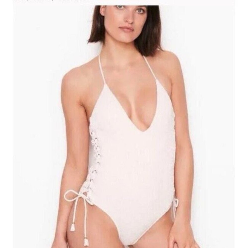 NWT Victoria’s Secret Ensenada Smocked Lace Up One Piece White Swimsuit Large - Picture 1 of 7